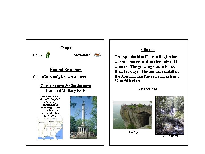 Crops Corn Climate Soybeans Natural Resources Coal (Ga. ’s only known source) The Appalachian