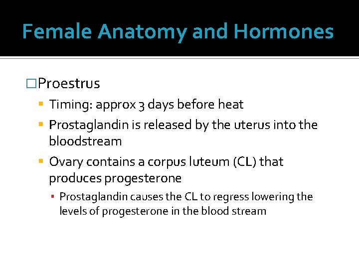 Female Anatomy and Hormones �Proestrus Timing: approx 3 days before heat Prostaglandin is released Female Anatomy and Hormones �Proestrus Timing: approx 3 days before heat Prostaglandin is released
