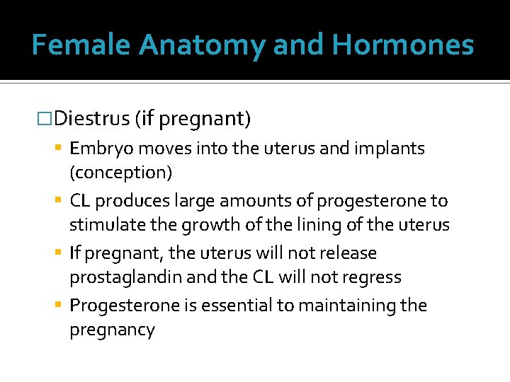 Female Anatomy and Hormones �Diestrus (if pregnant) Embryo moves into the uterus and implants Female Anatomy and Hormones �Diestrus (if pregnant) Embryo moves into the uterus and implants