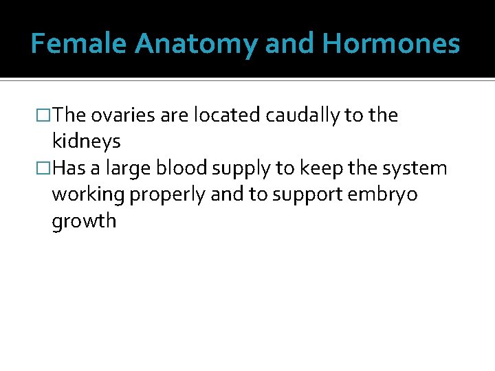 Female Anatomy and Hormones �The ovaries are located caudally to the kidneys �Has a Female Anatomy and Hormones �The ovaries are located caudally to the kidneys �Has a