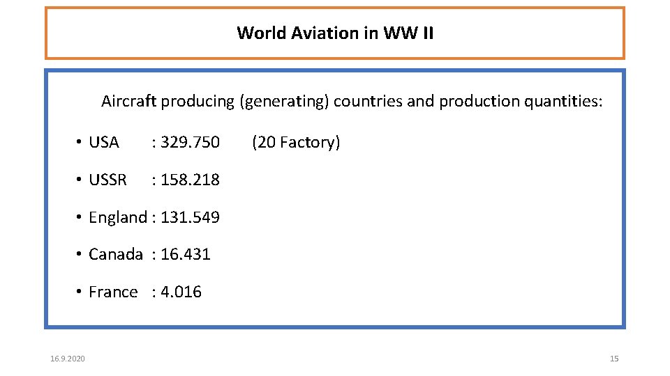 World Aviation in WW II Aircraft producing (generating) countries and production quantities: • USA