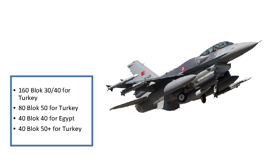 Joint Production: F-16 s in TAIjo • 160 Blok 30/40 for Turkey • 80