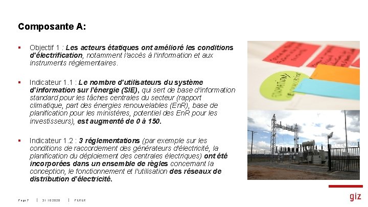 Composante A: § Objectif 1 : Les acteurs étatiques ont amélioré les conditions d'électrification,