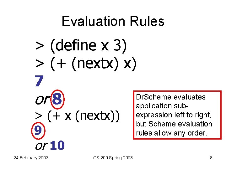 Evaluation Rules > (define x 3) > (+ (nextx) x) 7 Dr. Scheme evaluates