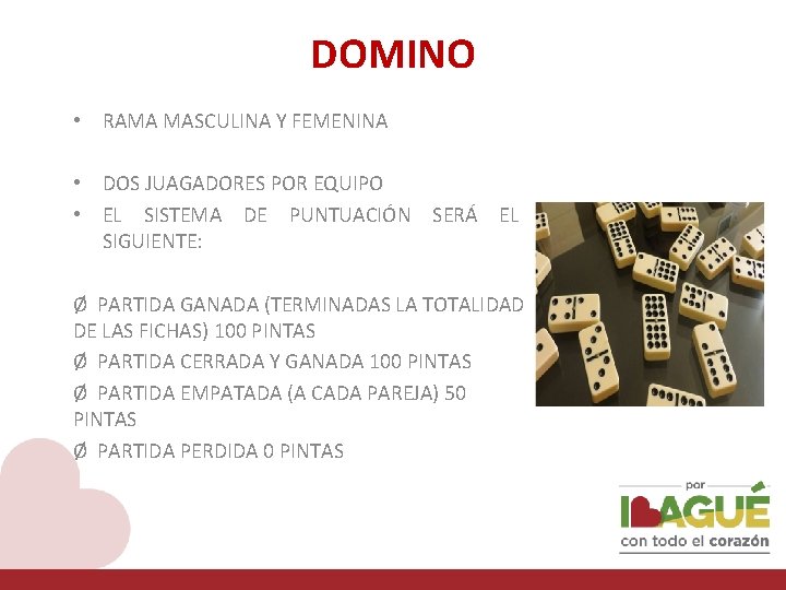 DOMINO • RAMA MASCULINA Y FEMENINA • DOS JUAGADORES POR EQUIPO • EL SISTEMA