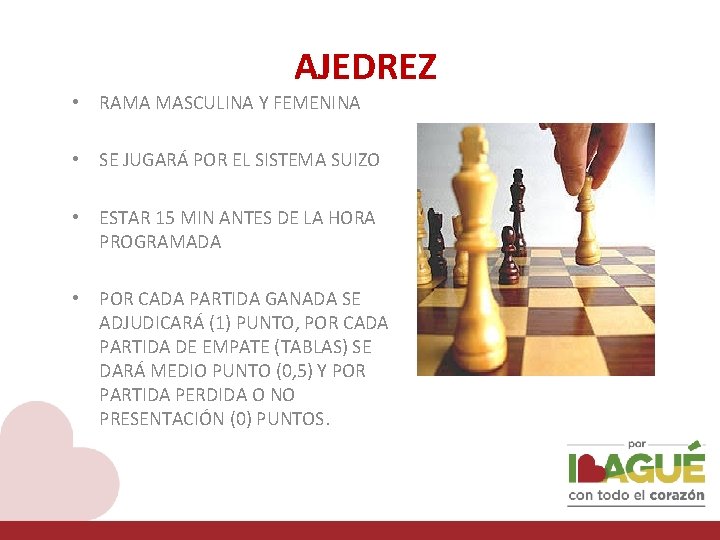 AJEDREZ • RAMA MASCULINA Y FEMENINA • SE JUGARÁ POR EL SISTEMA SUIZO •