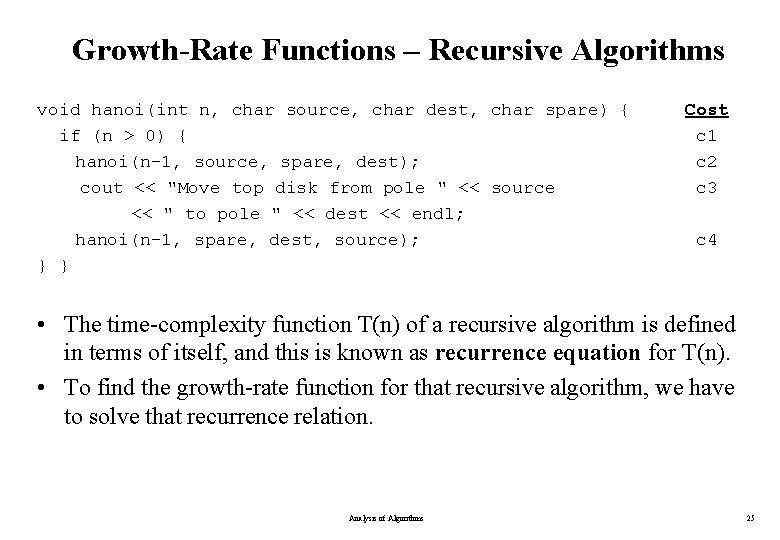 Growth-Rate Functions – Recursive Algorithms void hanoi(int n, char source, char dest, char spare) Growth-Rate Functions – Recursive Algorithms void hanoi(int n, char source, char dest, char spare)