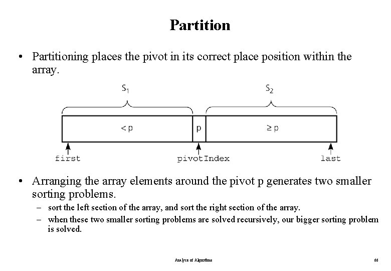 Partition • Partitioning places the pivot in its correct place position within the array. Partition • Partitioning places the pivot in its correct place position within the array.