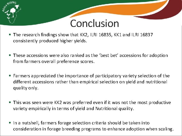 Conclusion § The research findings show that KK 2, ILRI 16835, KK 1 and