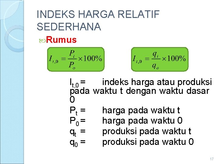 INDEKS HARGA RELATIF SEDERHANA Rumus It, 0 = indeks harga atau produksi pada waktu