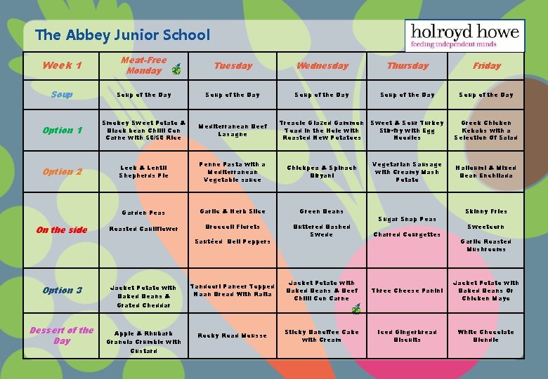 The Abbey Junior School Week 1 Meat-Free Monday Tuesday Wednesday Thursday Friday Soup of