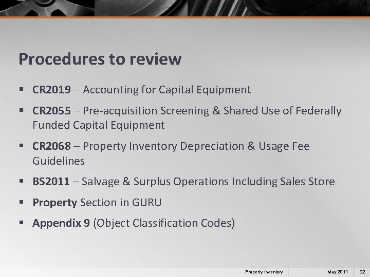 Procedures to review § CR 2019 – Accounting for Capital Equipment § CR 2055