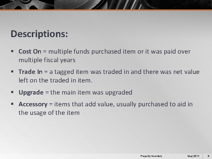 Descriptions: § Cost On = multiple funds purchased item or it was paid over
