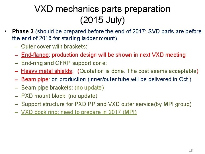 VXD mechanics parts preparation (2015 July) • Phase 3 (should be prepared before the