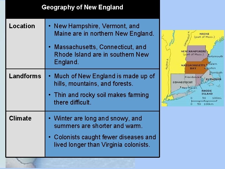 Geography of New England Location • New Hampshire, Vermont, and Maine are in northern