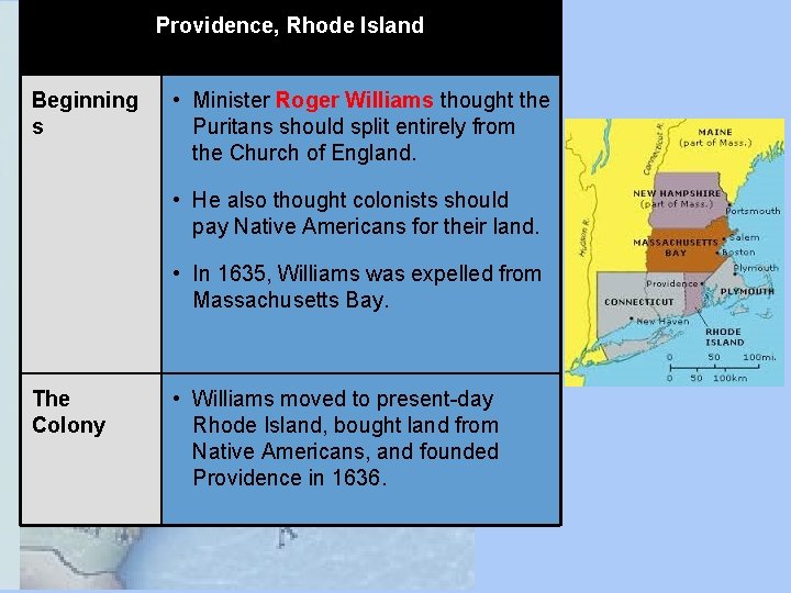 Providence, Rhode Island Beginning s • Minister Roger Williams thought the Puritans should split