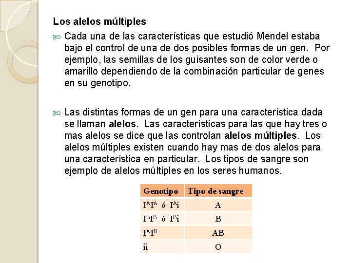 Los alelos múltiples Cada una de las características que estudió Mendel estaba bajo el