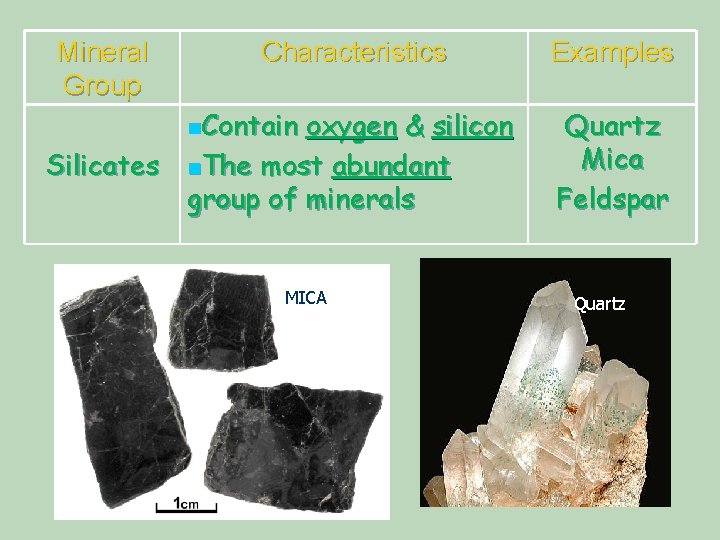 Mineral Group Characteristics n. Contain oxygen & silicon Silicates n. The most abundant group