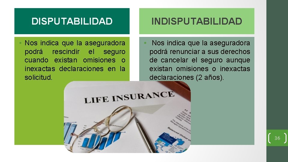 DISPUTABILIDAD INDISPUTABILIDAD • Nos indica que la aseguradora podrá rescindir el seguro cuando existan