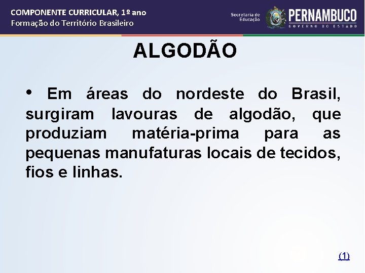 COMPONENTE CURRICULAR, 1º ano Formação do Território Brasileiro ALGODÃO • Em áreas do nordeste