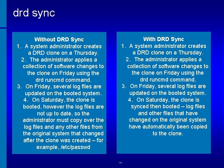 drd sync Without DRD Sync 1. A system administrator creates a DRD clone on