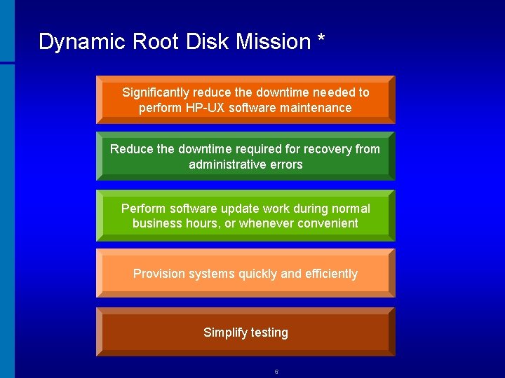 Dynamic Root Disk Mission * Significantly reduce the downtime needed to perform HP-UX software