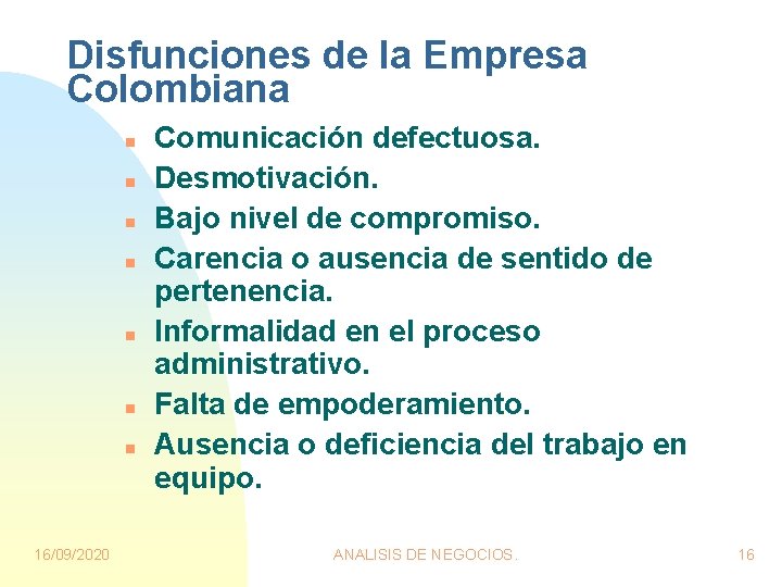 Disfunciones de la Empresa Colombiana n n n n 16/09/2020 Comunicación defectuosa. Desmotivación. Bajo Disfunciones de la Empresa Colombiana n n n n 16/09/2020 Comunicación defectuosa. Desmotivación. Bajo