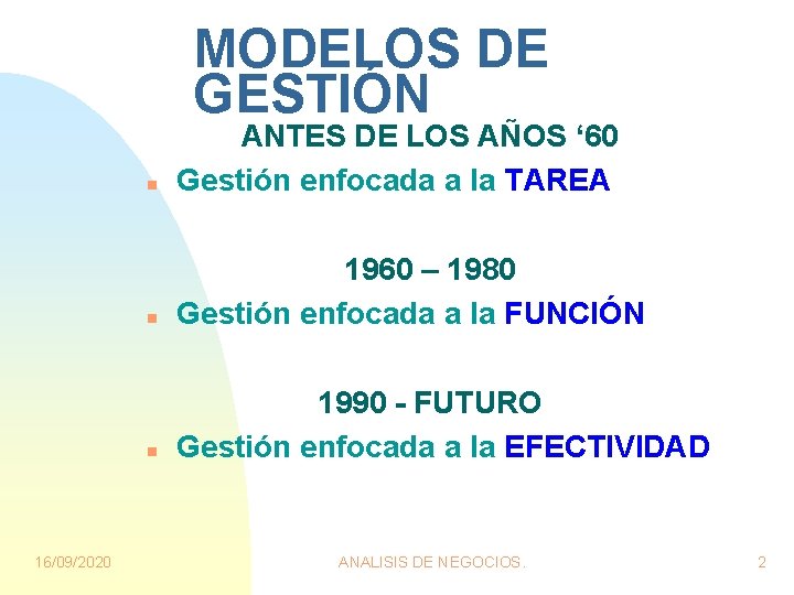 MODELOS DE GESTIÓN 16/09/2020 n ANTES DE LOS AÑOS ‘ 60 Gestión enfocada a MODELOS DE GESTIÓN 16/09/2020 n ANTES DE LOS AÑOS ‘ 60 Gestión enfocada a