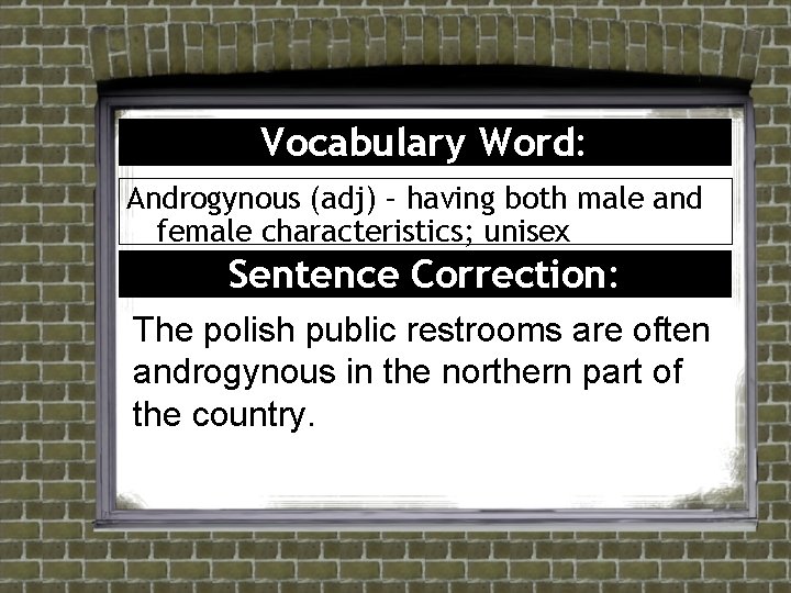 Vocabulary Word: Androgynous (adj) – having both male and female characteristics; unisex Sentence Correction: Vocabulary Word: Androgynous (adj) – having both male and female characteristics; unisex Sentence Correction: