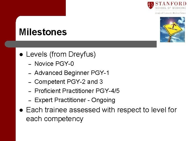 Milestones l Levels (from Dreyfus) – – – l Novice PGY-0 Advanced Beginner PGY-1