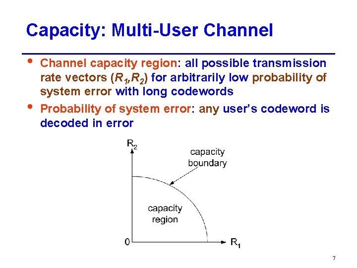 Capacity: Multi-User Channel • • Channel capacity region: all possible transmission rate vectors (R