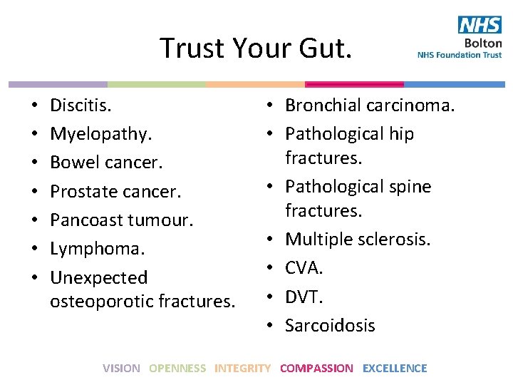 Trust Your Gut. • • Discitis. Myelopathy. Bowel cancer. Prostate cancer. Pancoast tumour. Lymphoma.