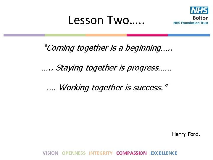 Lesson Two…. . “Coming together is a beginning…. . Staying together is progress…… ….