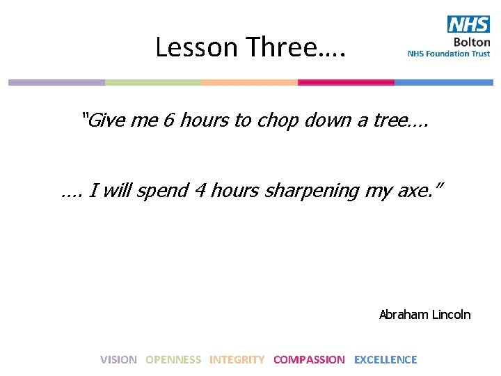 Lesson Three…. “Give me 6 hours to chop down a tree…. …. I will