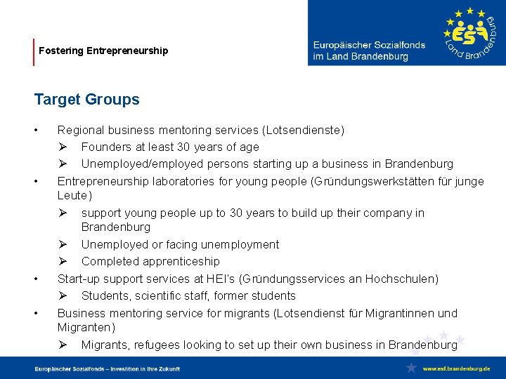 Fostering Entrepreneurship Target Groups • • Regional business mentoring services (Lotsendienste) Ø Founders at