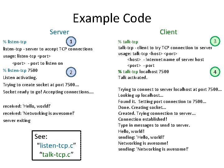 Example Code Server % listen-tcp 1 listen-tcp - server to accept TCP connections usage: