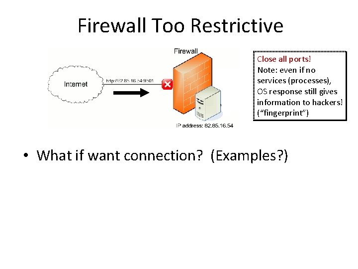 Firewall Too Restrictive Close all ports! Note: even if no services (processes), OS response