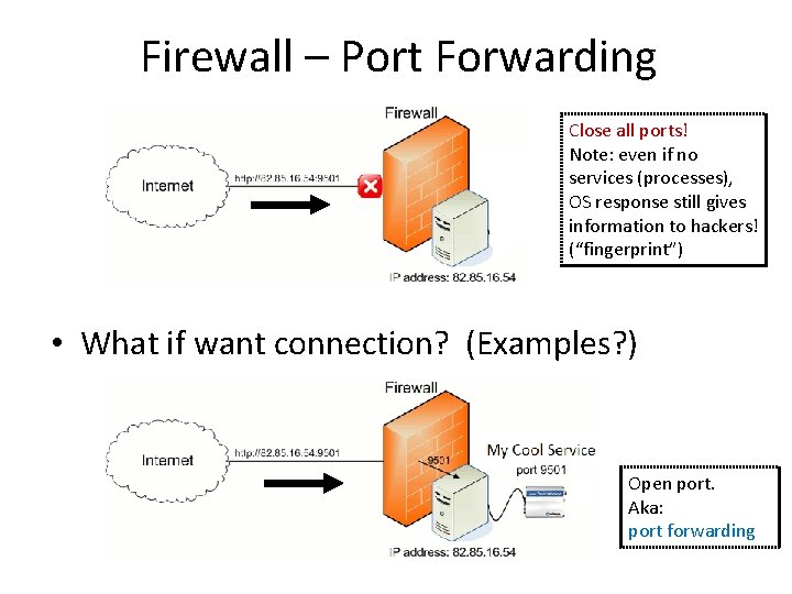 Firewall – Port Forwarding Close all ports! Note: even if no services (processes), OS