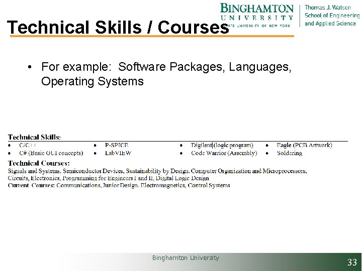 Technical Skills / Courses • For example: Software Packages, Languages, Operating Systems Binghamton University