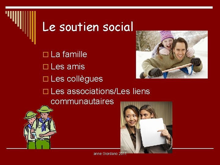 Le soutien social o La famille o Les amis o Les collègues o Les