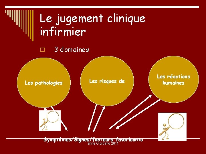 Le jugement clinique infirmier o 3 domaines Les pathologies Les risques de Symptômes/Signes/facteurs favorisants