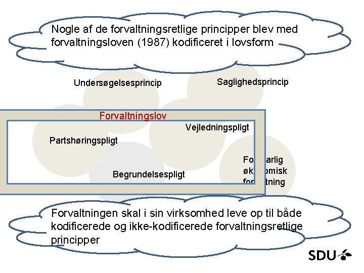 Nogle af de forvaltningsretlige principper blev med forvaltningsloven (1987) kodificeret i lovsform Undersøgelsesprincip Saglighedsprincip