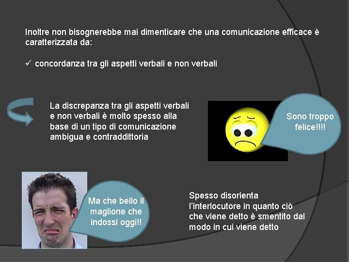 Inoltre non bisognerebbe mai dimenticare che una comunicazione efficace è caratterizzata da: ü concordanza