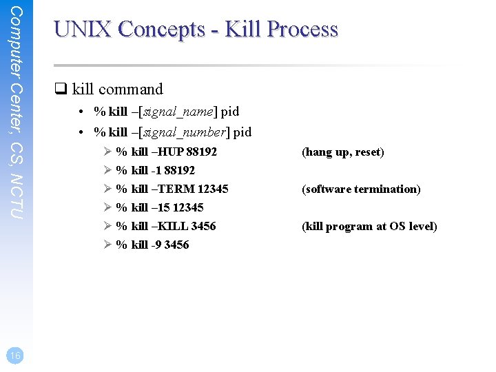 Computer Center, CS, NCTU 16 UNIX Concepts - Kill Process q kill command •