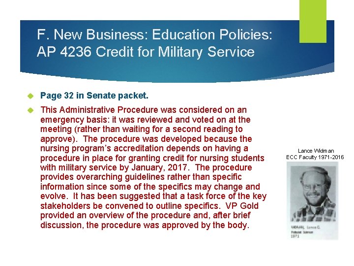 F. New Business: Education Policies: AP 4236 Credit for Military Service Page 32 in