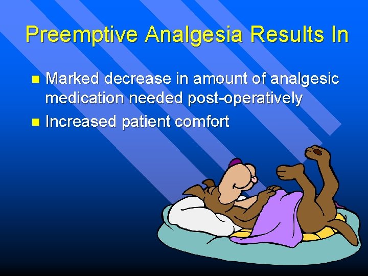 Preemptive Analgesia Results In Marked decrease in amount of analgesic medication needed post-operatively n