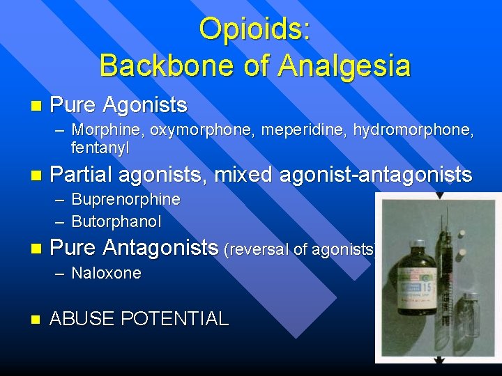 Opioids: Backbone of Analgesia n Pure Agonists – Morphine, oxymorphone, meperidine, hydromorphone, fentanyl n