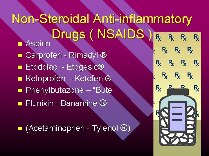 Non-Steroidal Anti-inflammatory Drugs ( NSAIDS ) n Aspirin Carprofen - Rimadyl ® Etodolac -