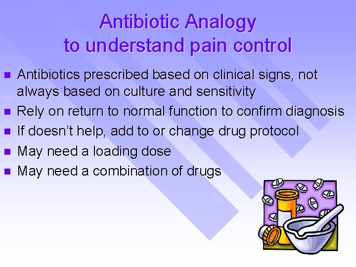 Antibiotic Analogy to understand pain control n n n Antibiotics prescribed based on clinical