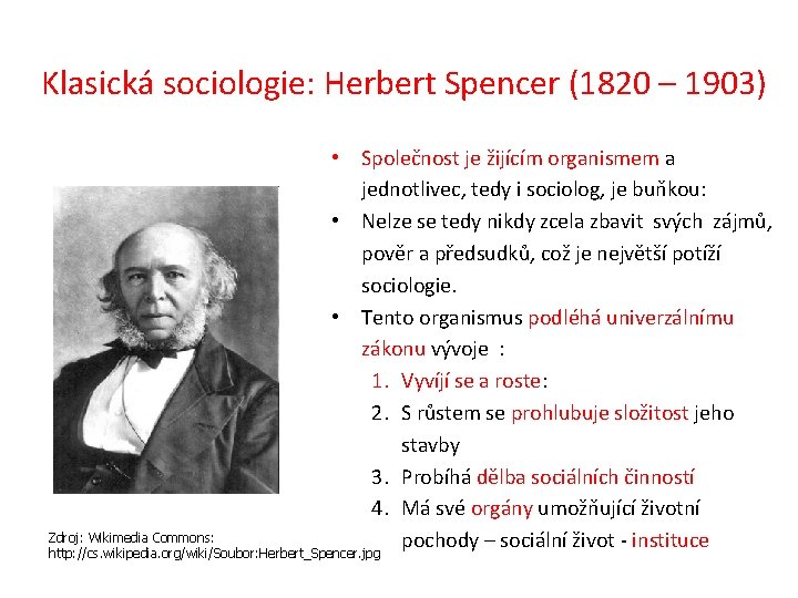 Klasická sociologie: Herbert Spencer (1820 – 1903) • Společnost je žijícím organismem a jednotlivec,